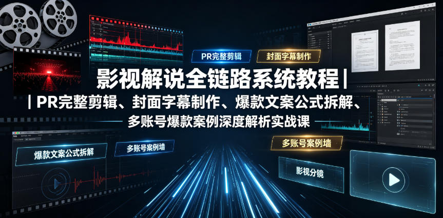 影视解说全链路系统教程|PR完整剪辑、封面字幕制作、*文案公式拆解、多账号*案例*解析实战课