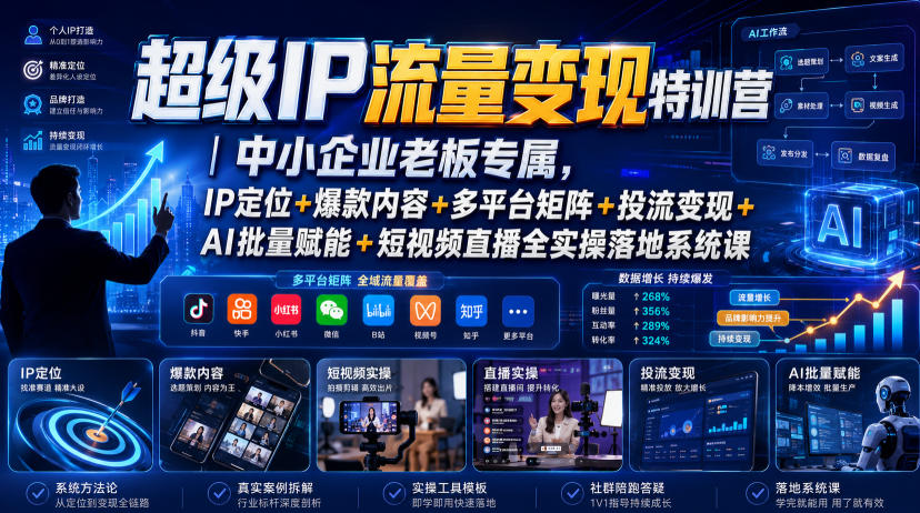 *IP流量变现特训营|中小企业*专属,IP*+*内容+多平台矩阵+投流变现+AI批量赋能+短视频直播全实操落地系统课