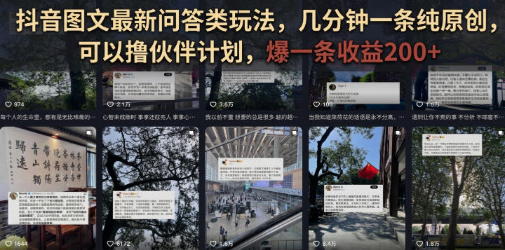 抖音图文*问答类玩法,几分钟一条纯原创,可以撸伙伴计划,爆一条收益200+