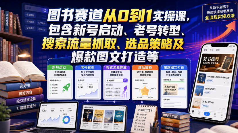 图书赛道从0到1实操课,包含新号启动、老号转型、搜索流量抓取、选品策略及*图文打造等