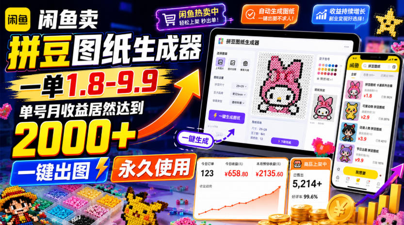闲鱼卖拼豆图纸生成器,一单1.8-9.9,单号月收益居然达到2000+一键出图*使用