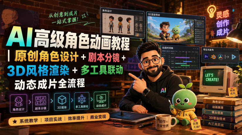 AI*角色动画教程|原创角色设计+剧本分镜+3D风格渲染+多工具联动动态成片全流程【中英字幕】