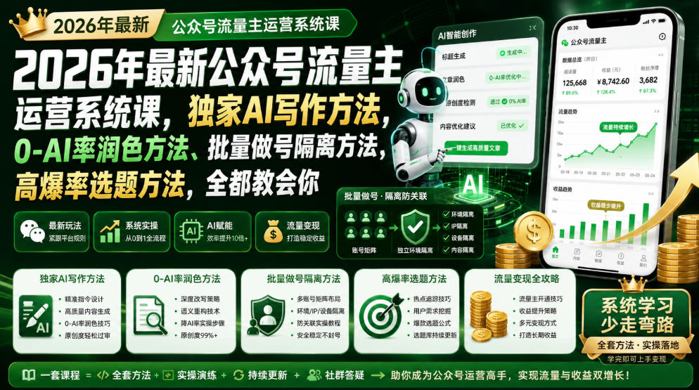 2026年*公众号流量主运营系统课,*AI写作方法,0-AI率润色方法、批量做号隔离方法、高爆率选题方法,全都教会你