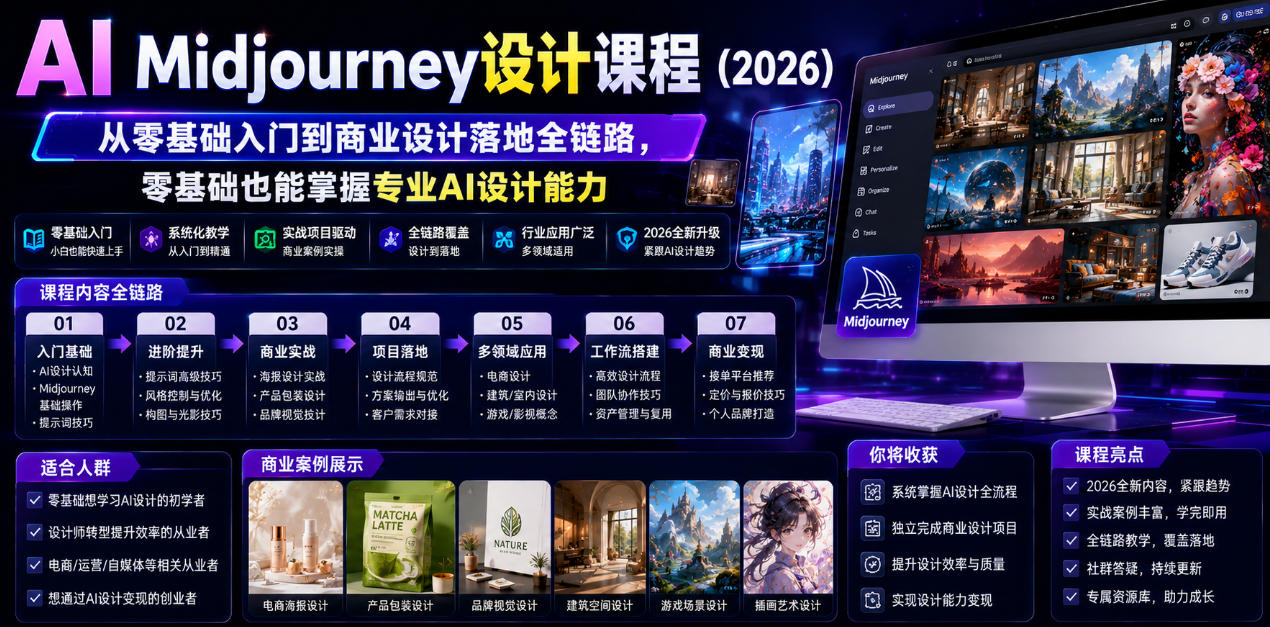 AI Midjourney设计课程(2026),从零基础入门到商业设计落地全链路,零基础也能掌握*AI设计能力