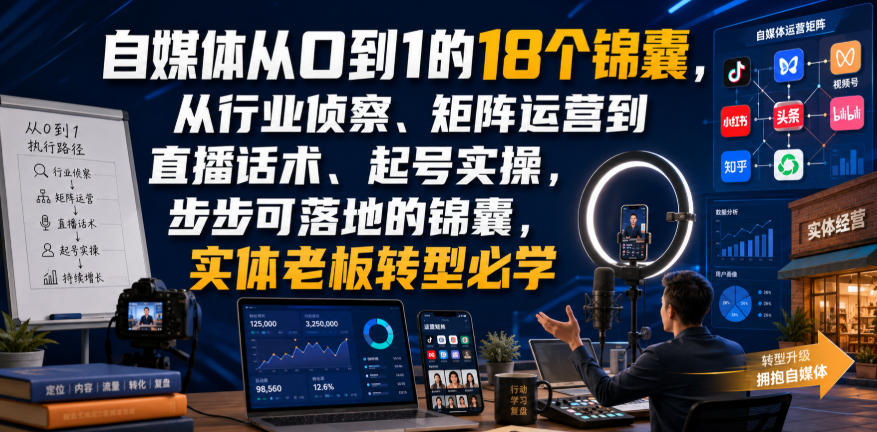 自媒体从0到1的18个锦囊,从行业侦察、矩阵运营到直播话术、起号实操,步步可落地的锦囊,实体*转型必学