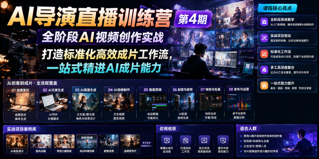 AI导演直播训练营第4期|全阶段AI视频创作实战,打造标准化*成片工作流,一站式精进AI成片能力