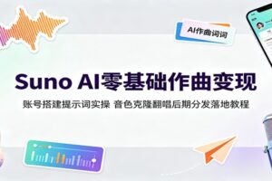 Suno AI零基础作曲变现:账号搭建提示词实操,音色克隆翻唱后期分发落地教程