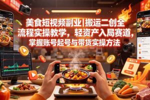 (19535期)美食短视频副业|搬运二创全流程实操教学,轻资产入局赛道,掌握账号起号与带货实操方法