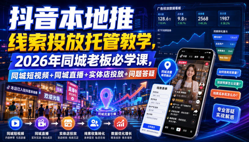 抖音本地推线索投放托管教学,2026年同城*必学课,同城短视频+同城直播+实体店投放+问题答疑