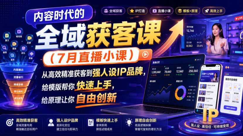内容时代的全域获客课(7月直播小课),从**获客到强人设IP品牌,给模版帮你快速上手,给原理让你自由创新