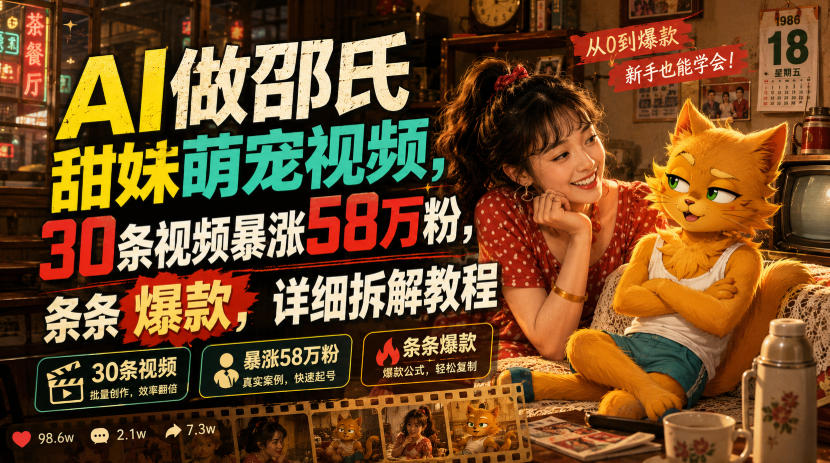 AI做邵氏甜妹萌宠视频,30条视频暴涨58万粉,条条*,详细拆解教程