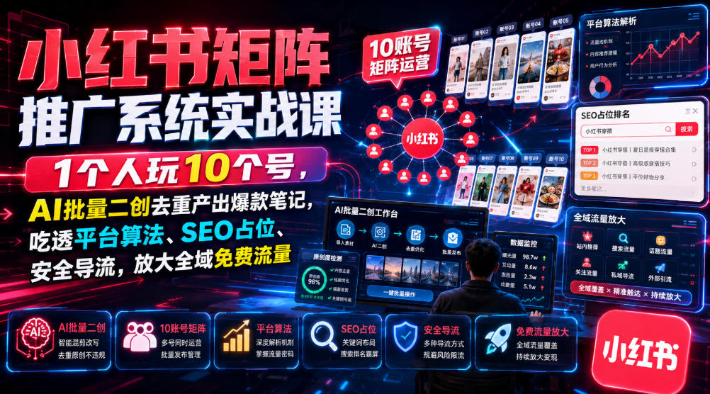 小红书矩阵推广系统实战课|1个人玩10个号,AI批量二创去重产出*笔记,吃透平台算法、SEO占位、*导流,放大全域免费流量