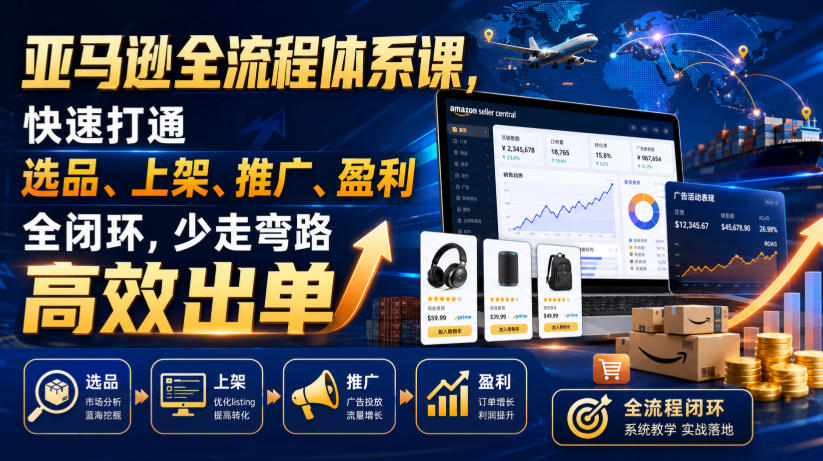 亚马逊全流程体系课,快速打通选品、上架、推广、盈利全闭环,少走弯路*出单