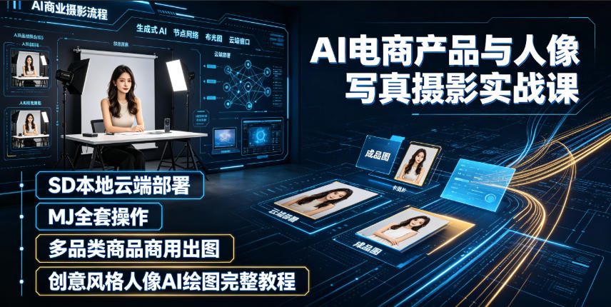 AI电商产品与人像*摄影实战课|SD本地云端部署、MJ全套操作、多品类商品商用出图、创意风格人像AI绘图完整教程