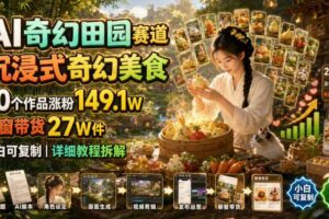 AI奇幻田园赛道,沉浸式奇幻美食,20个作品涨粉149.1W,橱窗带货27W件,小白可复制,详细教程拆解
