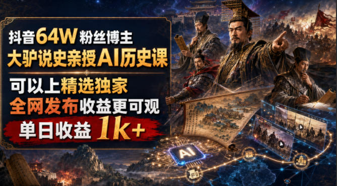 抖音64W粉丝博主大驴说史亲授AI历史课,可以上精选*,*发布收益更可观,单日收益1k+