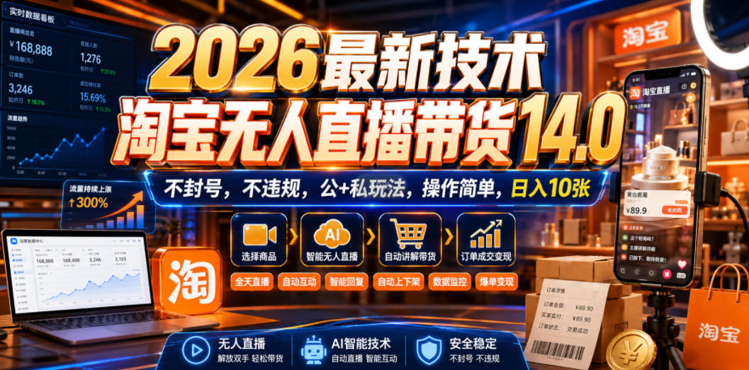 2026*技术,淘宝无人直播带货14.0,不封号,不*,公+私玩法,操作简单,日入10张【揭秘】