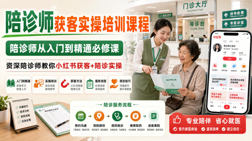陪诊师获客实操培训课程,陪诊师从入门到精通必修课,*陪诊师教你小红书获客+陪诊实操