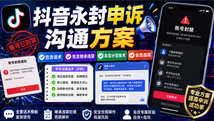 抖音永封申诉沟通方案,包含话术,包含继承违禁,非*技术,会员自测
