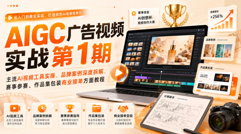 AIGC广告视频实战*期,主流AI视频工具实操、品牌案例*拆解、赛事参赛、作品集包装商业接单方面教程