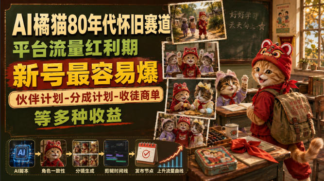 AI橘猫80年代怀旧赛道,平台流量红利期,新号*爆,伙伴计划-分成计划-收徒商单等多种收益