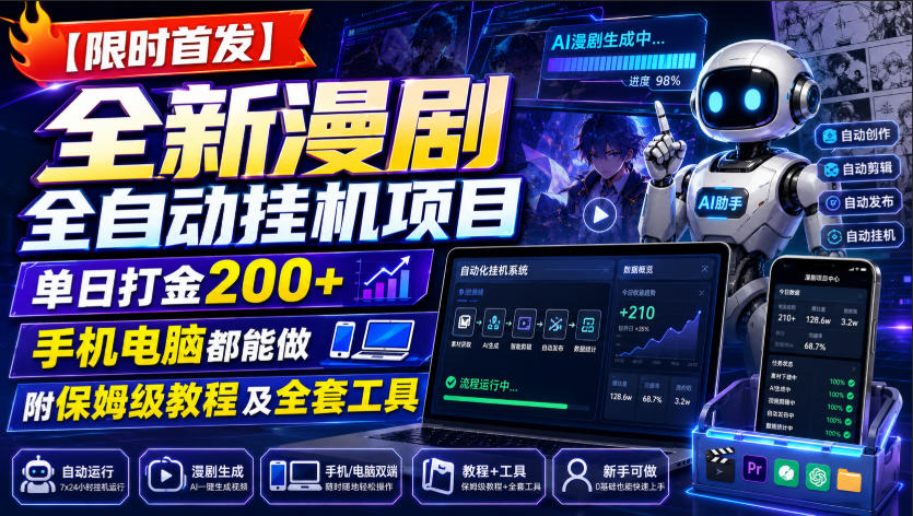 【限时*】全新漫剧全自动挂G项目,单日打金200+,手机电脑都能做,附保姆级教程及全套工具【揭秘】