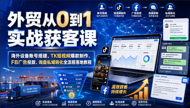 外贸从0到1实战获客课|海外设备账号搭建、TK短视频*制作、FB广告投放、询盘私域转化全流程落地教程