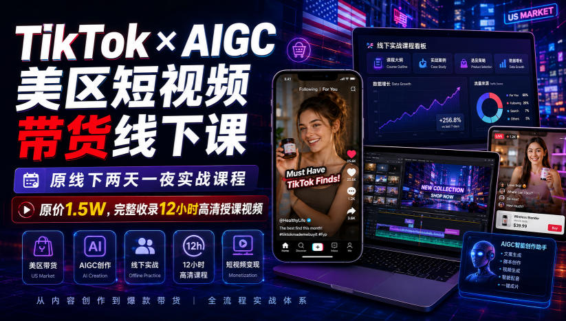 TikTok×AIGC美区短视频带货线下课,原线下两天一夜实战课程,*1.5W,完整收录12小时高清授课视频