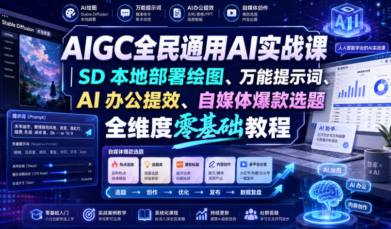 AIGC全民通用AI实战课|SD本地部署绘图、*提示词、AI办公提效、自媒体*选题全维度零基础教程