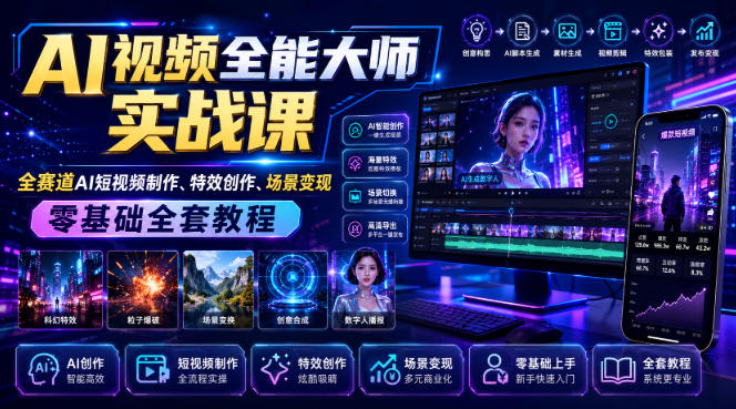AI视频全能大师实战课|全赛道AI短视频制作、*创作、场景变现零基础全套教程