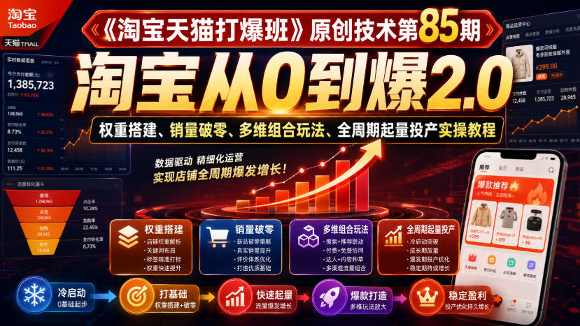 《淘宝天猫打爆班》原创技术第85期,淘宝从0*2.0,权重搭建、销量破零、多维组合玩法、全周期起量投产实操教程