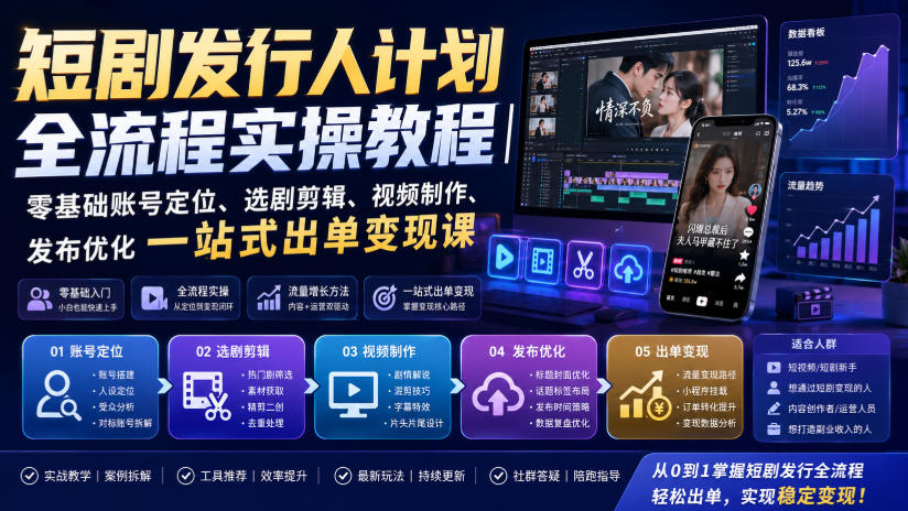 短剧发行人计划全流程实操教程|零基础账号*、选剧剪辑、视频制作、发布优化一站式出单变现课