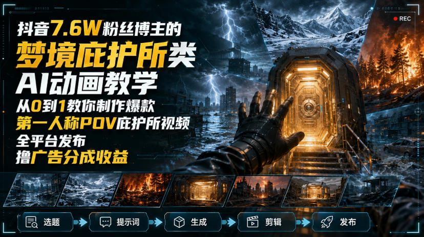 抖音7.6W粉丝博主的梦境庇护所类AI动画教学,从0到1教你制作**人称POV庇护所视频,全平台发布撸广告分成收益