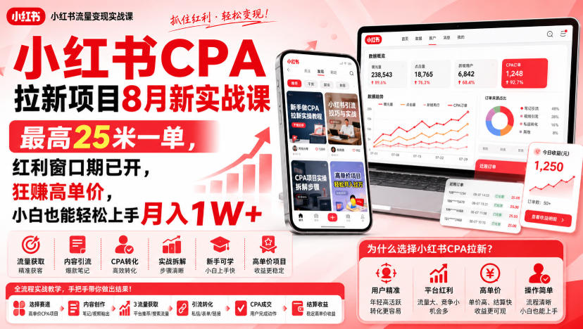 小红书CPA拉新项目8月新实战课,*25米一单,红利窗口期已开,狂賺高单价,小白也能轻松上手月入1W+