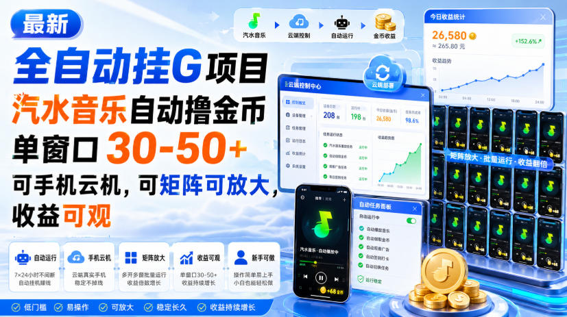 *全自动挂G项目,汽水音乐自动撸金币单窗口30-50+,可手机云机,可矩阵可放大,收益可观