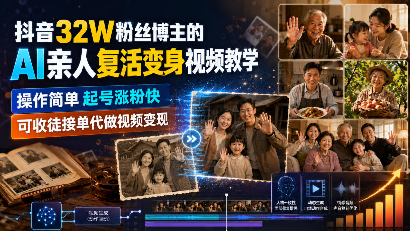 抖音32W粉丝博主的AI亲人*变身视频教学,操作简单,起号涨粉快,可收徒接单代做视频变现