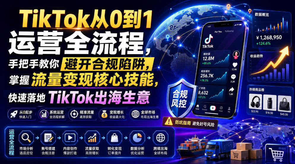 TikTok从0到1运营全流程,手把手教你避开合规陷阱,掌握流量变现*技能,快速落地TikTok出海生意(更新8月)