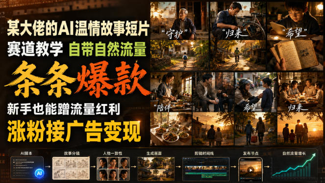 某大佬的AI温情故事短片赛道教学,自带自然流量,条条*,新手也能蹭流量红利,涨粉接广告变现
