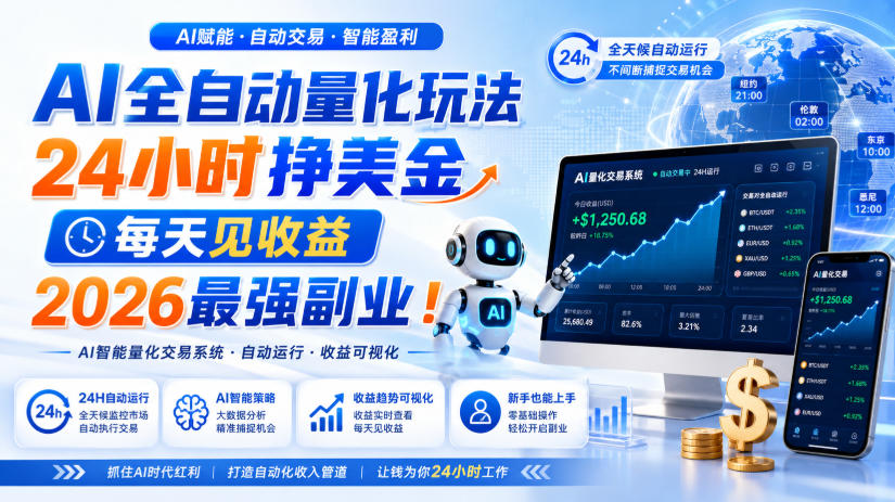 AI全自动量化玩法,24小时挣美金,每天见收益,2026*副业!【揭秘】