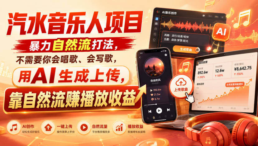 汽水音乐人项目,*自然流打法,不需要你会唱歌、会写歌,用AI生成上传,靠自然流賺播放收益