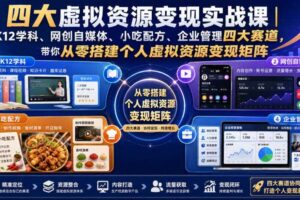 四大虚拟资源变现实战课|K12学科、网创自媒体、小吃配方、企业管理四大赛道,带你从零搭建个人虚拟资源变现矩阵