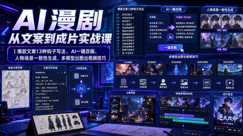 AI漫剧从文案到成片实战课|*文案13种钩子写法、AI一键改稿、人物场景一致性生成、多模型出图出视频技巧
