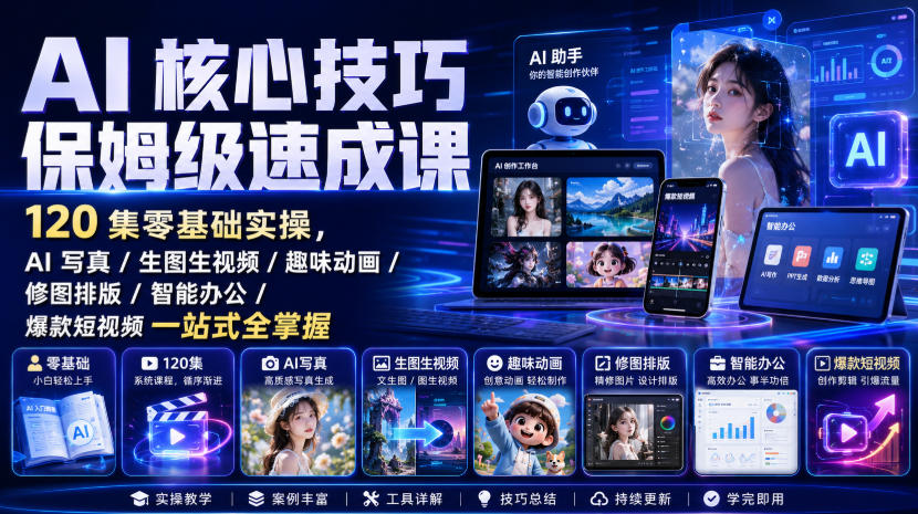 AI*技巧保姆级速成课|120集零基础实操,AI*/生图生视频/趣味动画/修图排版/智能办公/*短视频一站式全掌握