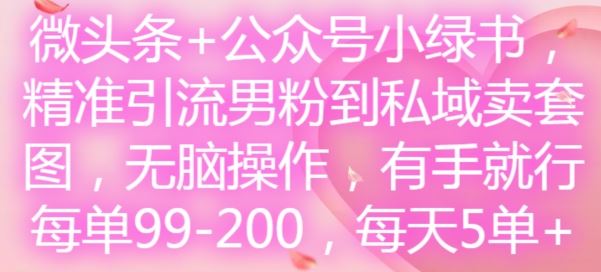 微头条+公众号小绿书，*引流男粉到私域卖套图，无脑操作，有手就行，每单99-200，每天5单