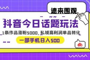 抖音今日话题玩法，1条作品涨粉5000，私域高利润单品转化一部手机日入500【揭秘】-麦资源网