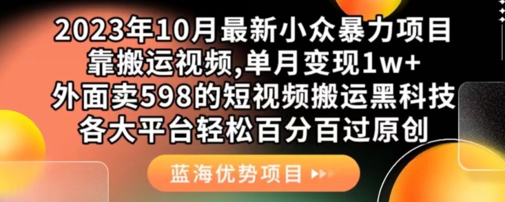 2023年10月*小众*项目，靠搬运视频,单月变现1w+，外面卖598的短视频搬运黑科技，各大平台轻松*过原创