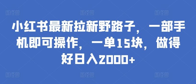 小红书*拉新野路子，一部手机即可操作，一单15块，做得好日入2000+【揭秘】