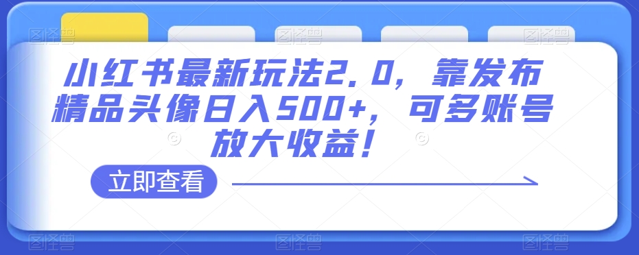 小红书*玩法2.0，靠发布精品头像日入500+，可多账号放大收益！【揭秘】