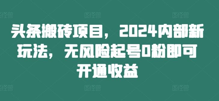 头条搬砖项目，2024内部新玩法，*起号0粉即可开通收益