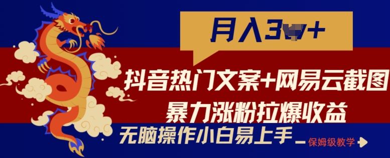 抖音热门文案+网易云截图*涨粉拉爆收益玩法，小白无脑操作，简单易上手【揭秘】